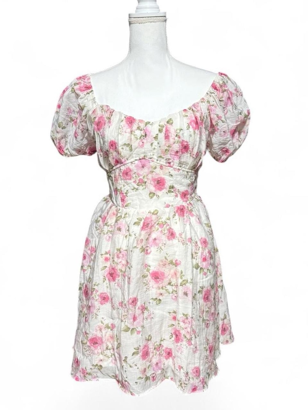 Blu Pepper Size L Pink Floral Puff Sleeve Open Back Cottagecore Mini Dress
